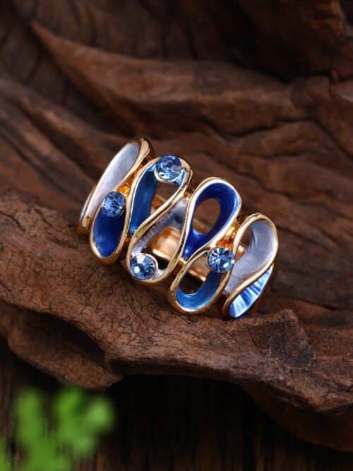 Blue Enamel Crystal Twist Ring: Gold-Tone Adjustable Women’s Fashion Jewelry