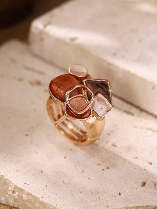 Terracotta Stone Cluster Ring: Gold-Tone Retro Irregular Women’s Fashion Jewelry