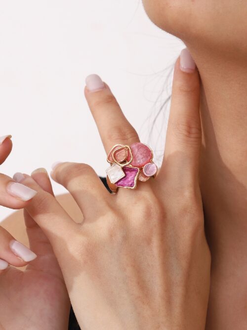 Pink Mixed Stone Cluster Ring: Gold-Tone Romantic Irregular Women’s Jewelry