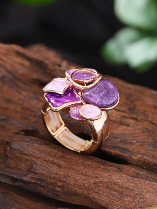Purple Enamel Cluster Ring: Gold-Tone Irregular Romantic Women’s Fashion Jewelry
