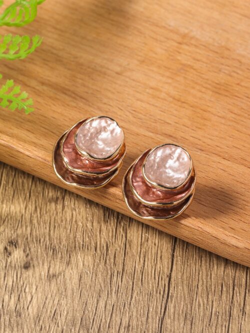 Textured Pearl Layered Stud Earrings: Copper-Tone Women’s Retro Fashion Jewelry
