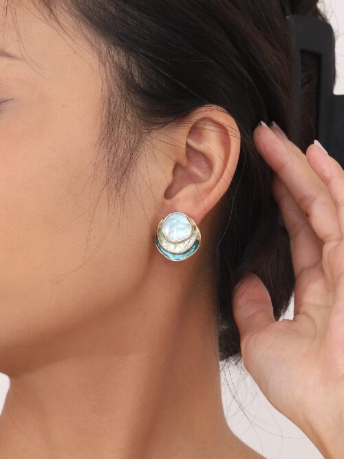 Layered Shell Pearl Stud Earrings: Light Blue Iridescent Women’s Daily Jewelry