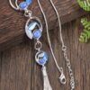 Blue Leaf Tassel Long Necklace: Silver Layered Pendant Fashion Women’s Jewelry