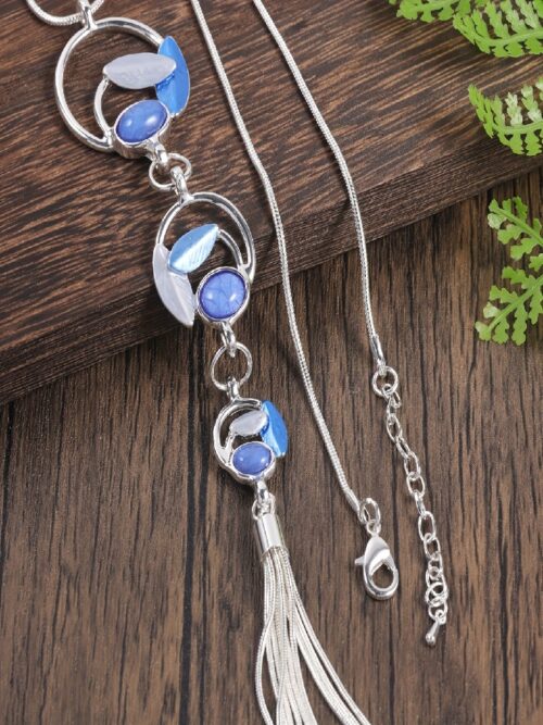 Blue Leaf Tassel Long Necklace: Silver Layered Pendant Fashion Women’s Jewelry