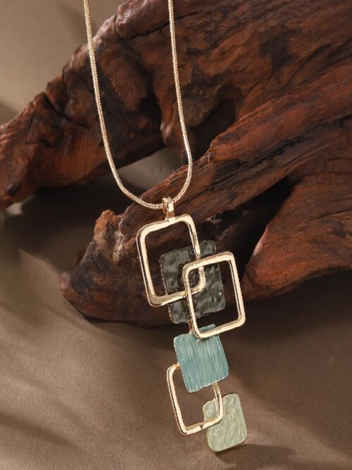 Gold Square Layered Pendant Necklace: Gradient Green Women’s Fashion Jewelry
