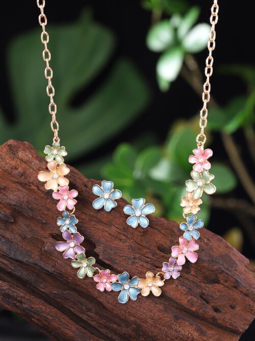 Pastel Flower Jewelry Set: Rose Gold-Tone Necklace Set & Earrings Women’s Fashion Jewelry