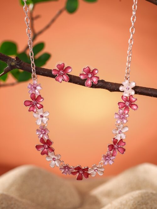 Pink Gradient Flower Jewelry Set: Rose Gold-Tone Necklace Set & Earrings Women’s Jewelry