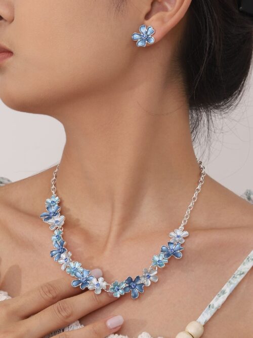 Blue Flower Jewelry Set: Silver-Tone Necklace Set & Earrings Women’s Fashion Jewelry