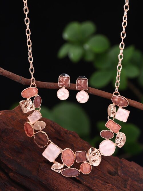 Earthy Tone Cluster Jewelry Set: Rose Gold-Tone Necklace Set & Earrings Women’s Jewelry