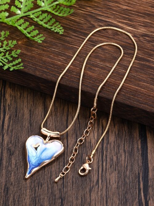Blue Marble Heart Pendant Necklace: Gold-Tone Women’s Romantic Fashion Jewelry