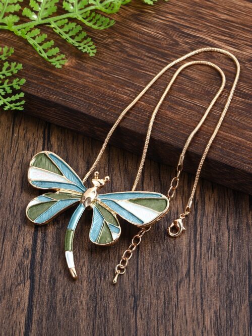 Dragonfly Enamel Pendant Necklace: Gold-Tone Blue Green Women’s Fashion Jewelry